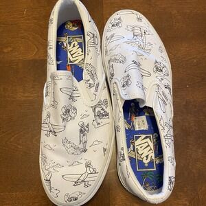 Vans Classic Slip-On Shoes Low Tide White Skeleton Skull Beach Surfing M8 W9.5